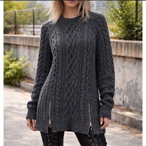 Alexander Wang Merino Wool Gray Cable Knit Sweater with Zip Hem Medium